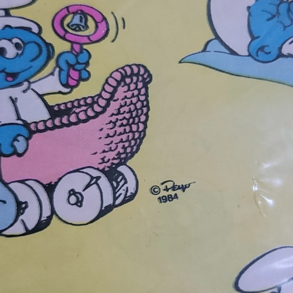 VTG 1984 Peyo Baby Smurf Pink Yellow 8 Sheets Everyday Gift Wrap Paper NEW